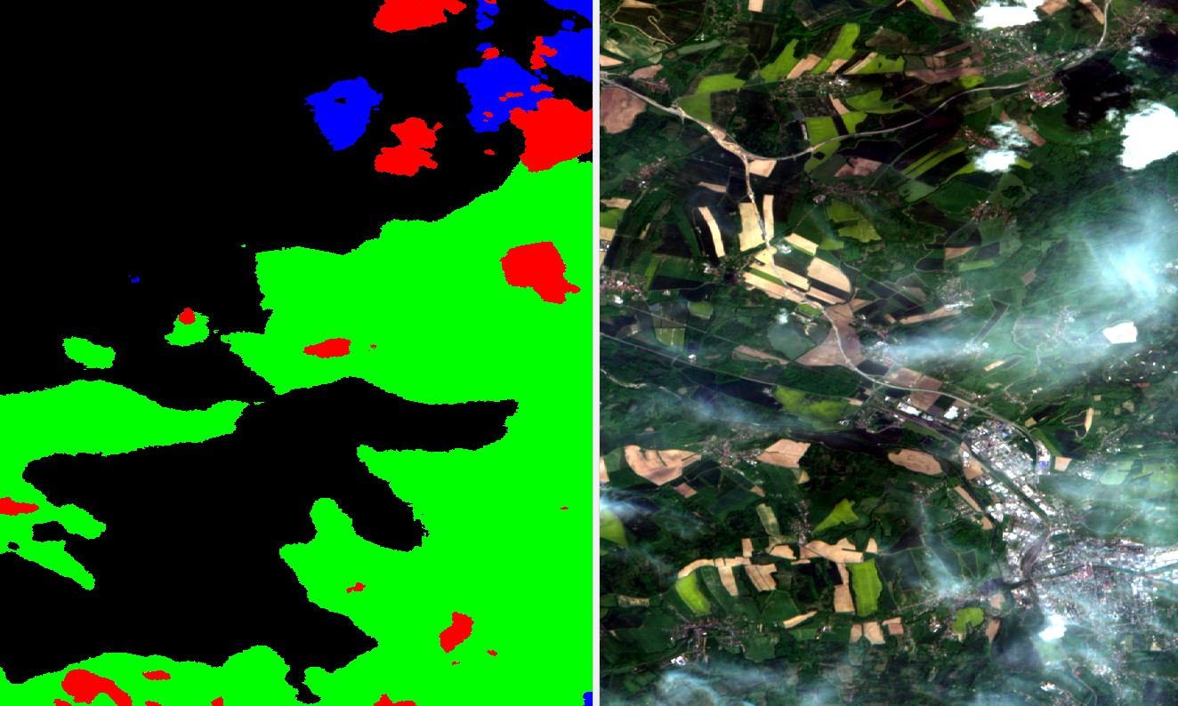 Usable data mask (left) showing cloud (red), haze (green), and cloud-shadow (blue). Natural color RGB (right)